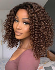 Black To Brown Ombre Bouncy Curly 4x4 Closure Lace Glueless Side Part Long Wig 100% Human Hair