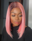 Beginner Friendly Glueless Light Pink Ombre T Part Lace Bob Wig 100% Human Hair