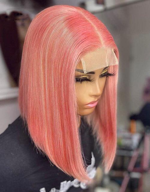 Pink Colored Straight 13x4 Lace Front Bob Glueless Human Hair Wig
