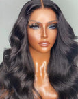 Natural Black Loose Body Wave 5x5 Closure HD Lace Glueless Mid Part Long Wig 100% Human Hair